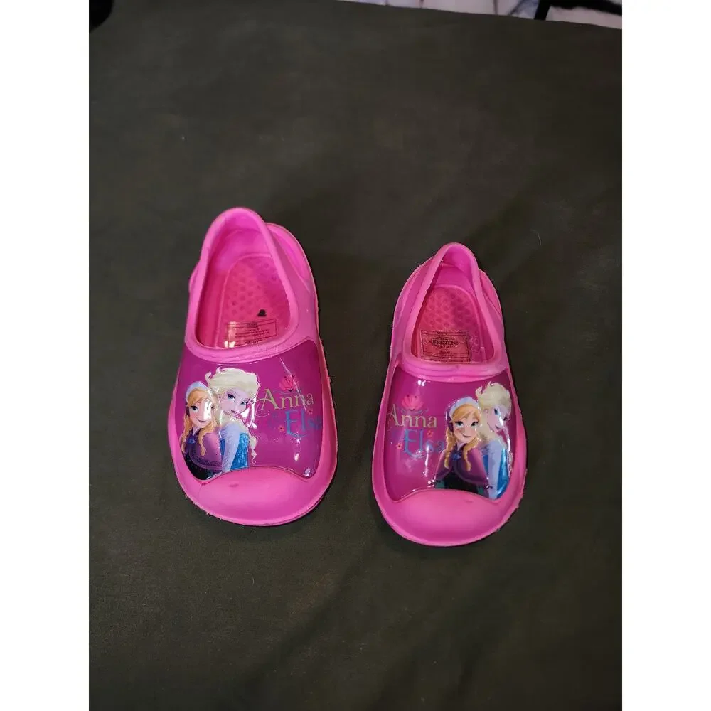 𝅺Disney Frozen Elsa & Ana CLOG style Rubber Pink Slip On shoes Size 7/8